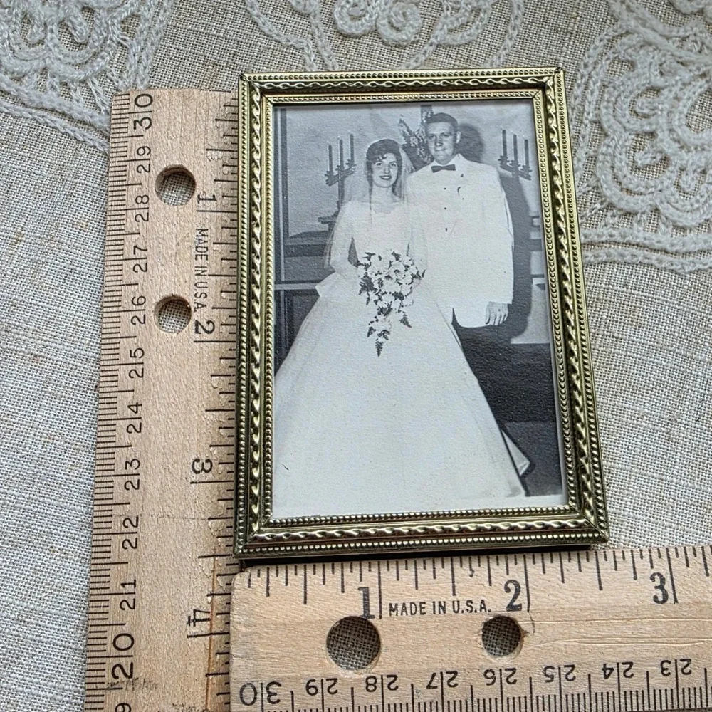 Vintage Miniature Wedding Picture Photo Framed 3x4 Gold Ornate Metal